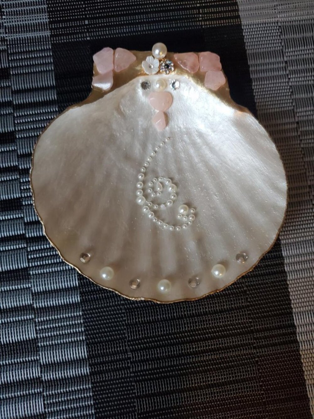 Large Scallop Shell Pearlized Hand Painted Gold Leaf Trim Trinket Dish